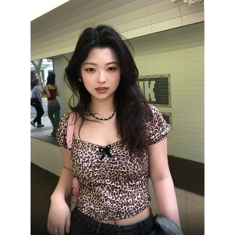 純欲辣妹豹紋短袖t恤女春季短款修身顯瘦氣質百搭上衣