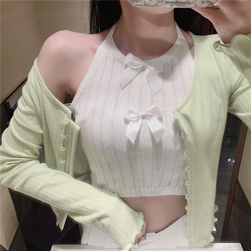 潞娜定製小背心女設計感網紅短款蝴蝶結針織掛脖純欲內搭