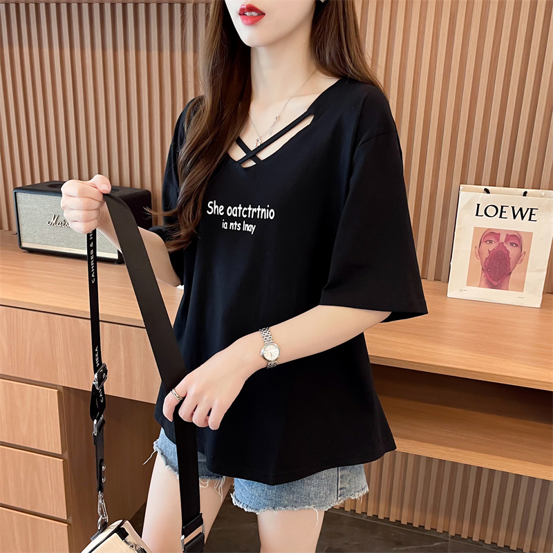 Real-life quality/pure cotton/back collar/loose short small design T-shirt for women