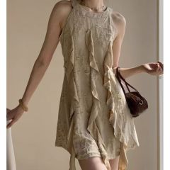 純欲辣妹設計感高級感木耳邊短款A字裙收腰顯瘦無袖掛脖連衣裙