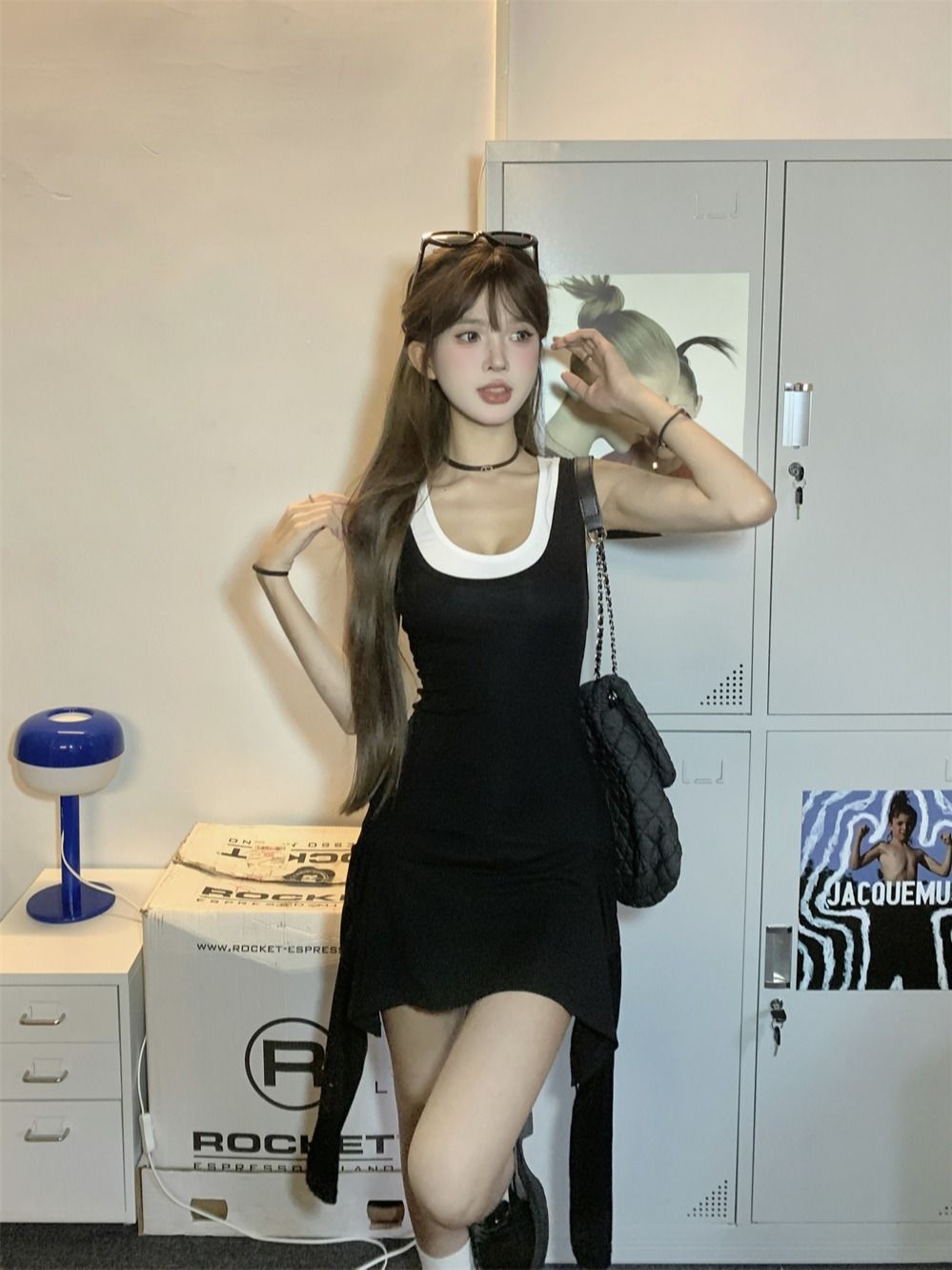 kumikumi American hot girl suspender dress for women summer irregular design black sleeveless vest skirt