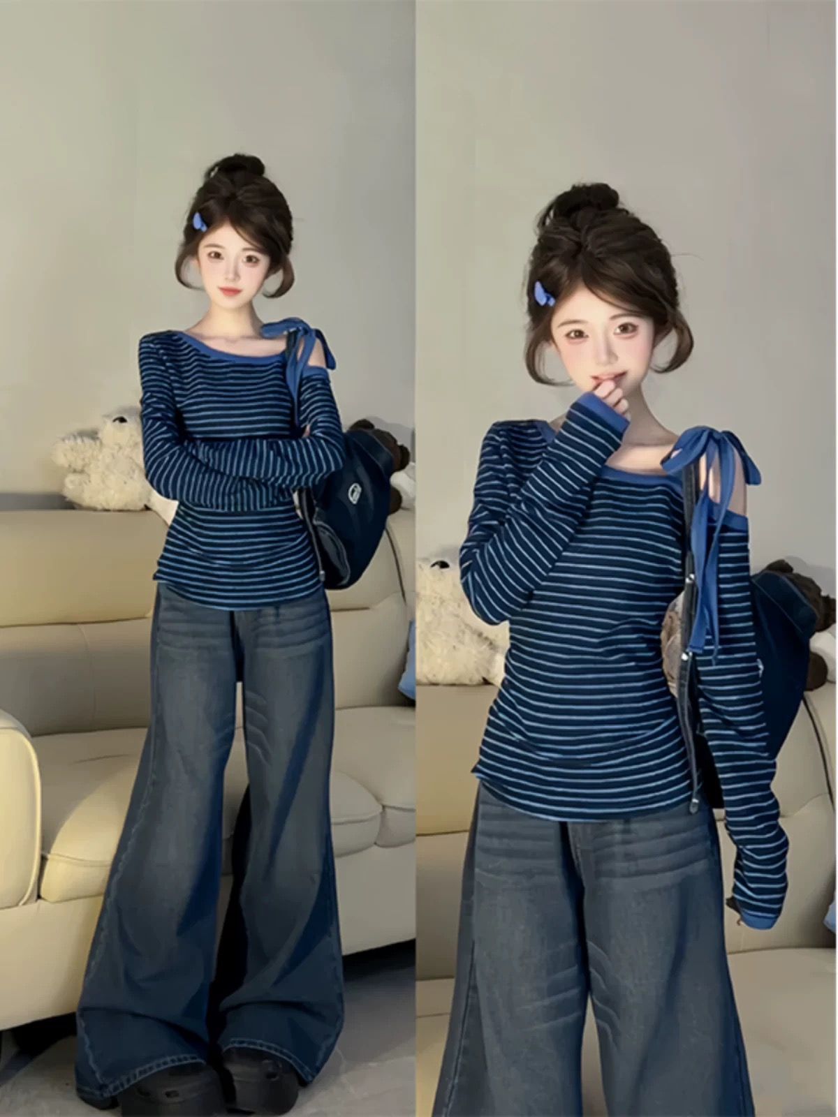 40支純棉條紋美式藍色條紋斜肩綁帶修身辣妹上衣