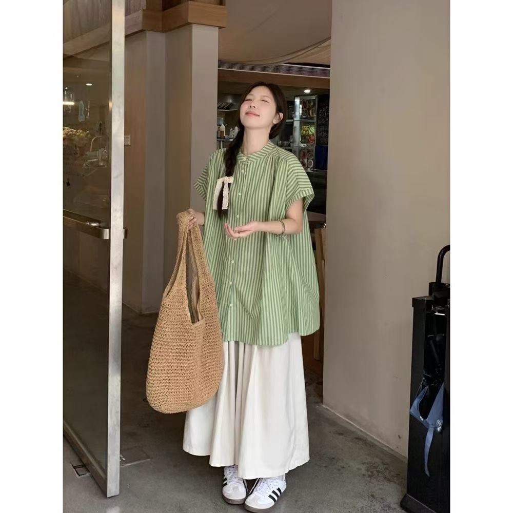 Women's Summer Loose Casual Pants and Long-Sleeve Striped Shirt Two-Piece Set in Retro Style - 2025 New Arrival