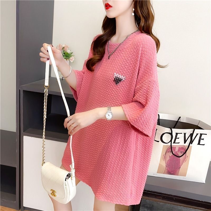 New summer large-size women's loose round neck short-sleeved T-shirt compressed air bubble medium-length top trendy