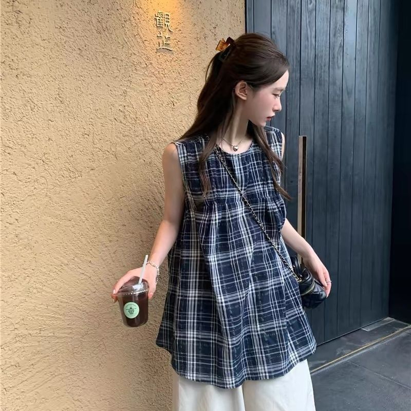 Japanese Retro Design Grid Crew Neck Shirt for Women - Summer New Arrival Loose Sleeveless Casual Babydoll Top