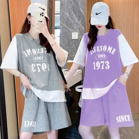 官圖休閒運動服套裝女夏季假兩件新款時尚短袖寬鬆五分褲兩件套