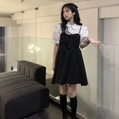 純欲風泡泡袖白色襯衫女+蝴蝶結收腰顯瘦吊帶小個子連衣裙套裝潮