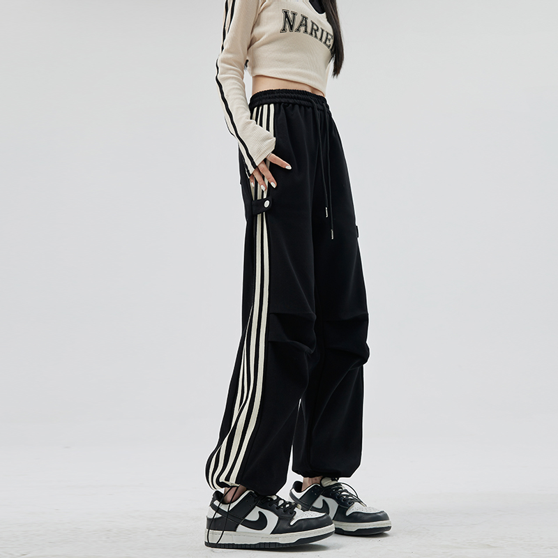 實拍 立體包邊 春季美式運動褲女新款直筒休閒束腳闊腿褲子