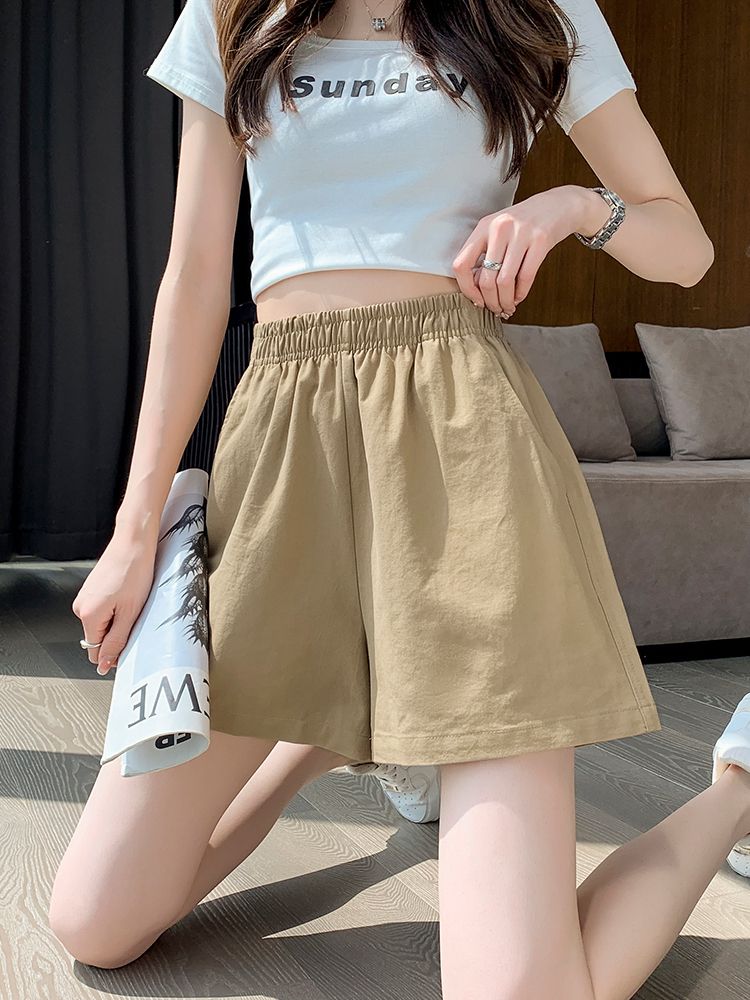 卡其色夏季高腰闊腿百搭顯瘦簡約休閒外穿五分褲短褲女