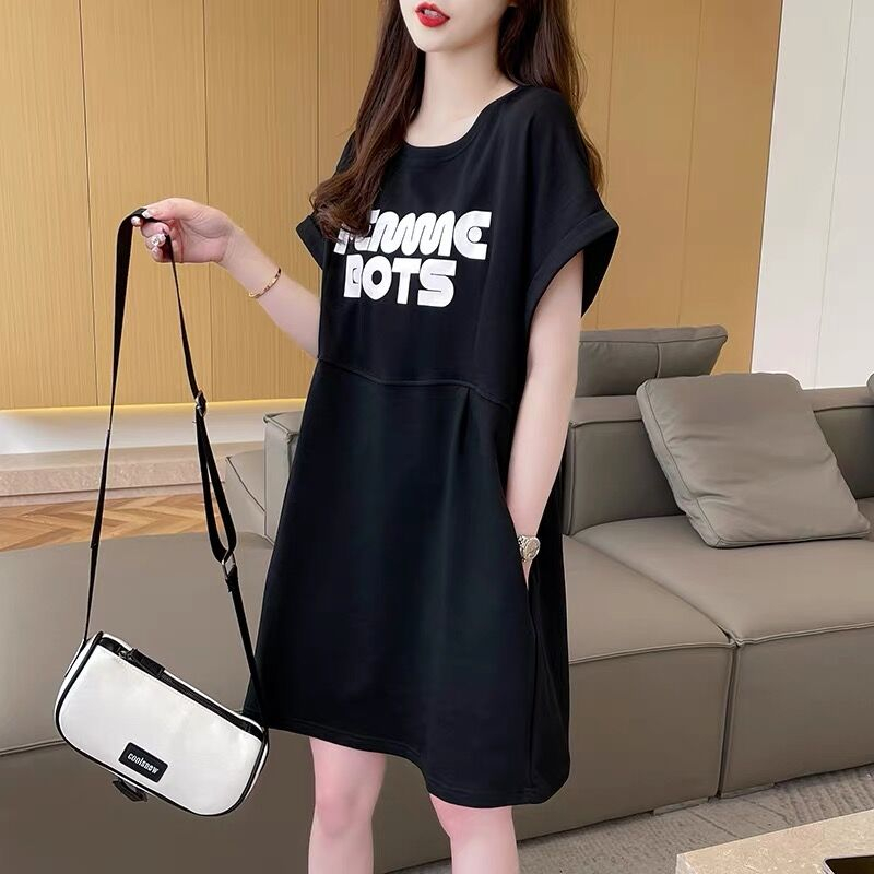 Quality/pure cotton/rear collar/splicing design with pocket loose short-sleeved dress