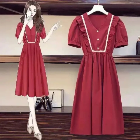 New French tea break puff sleeves to make you look slim and waist-hugging, the first love skirt mid-length skirt