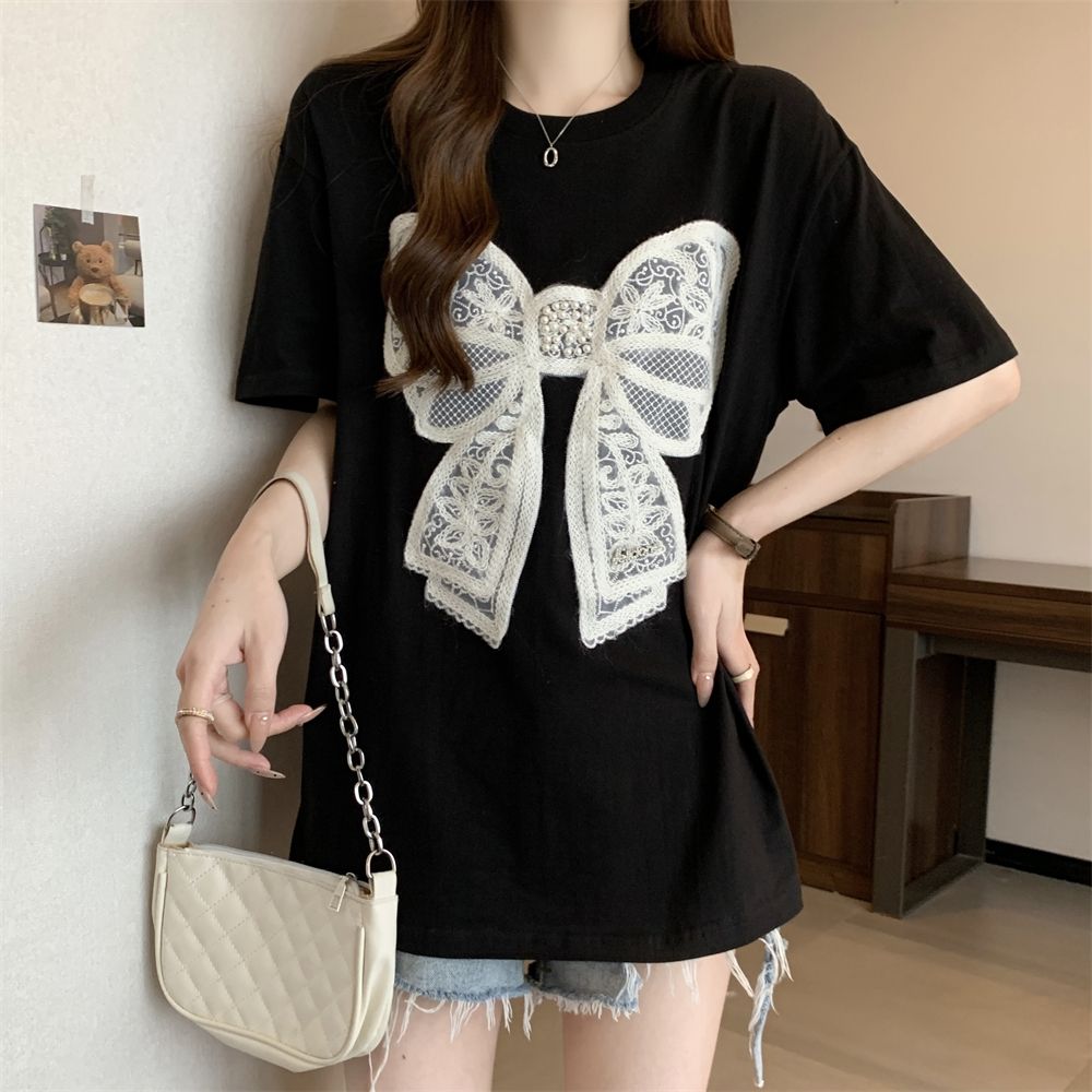 實拍 32支雙紗 230克 蝴蝶結短袖T恤女寬鬆刺繡釘珠