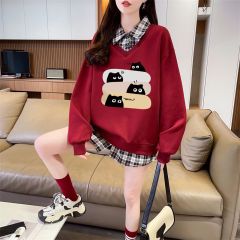 Real shot of 2025 spring and autumn back collar twill, thin top POLO collar plaid sweatshirt for women