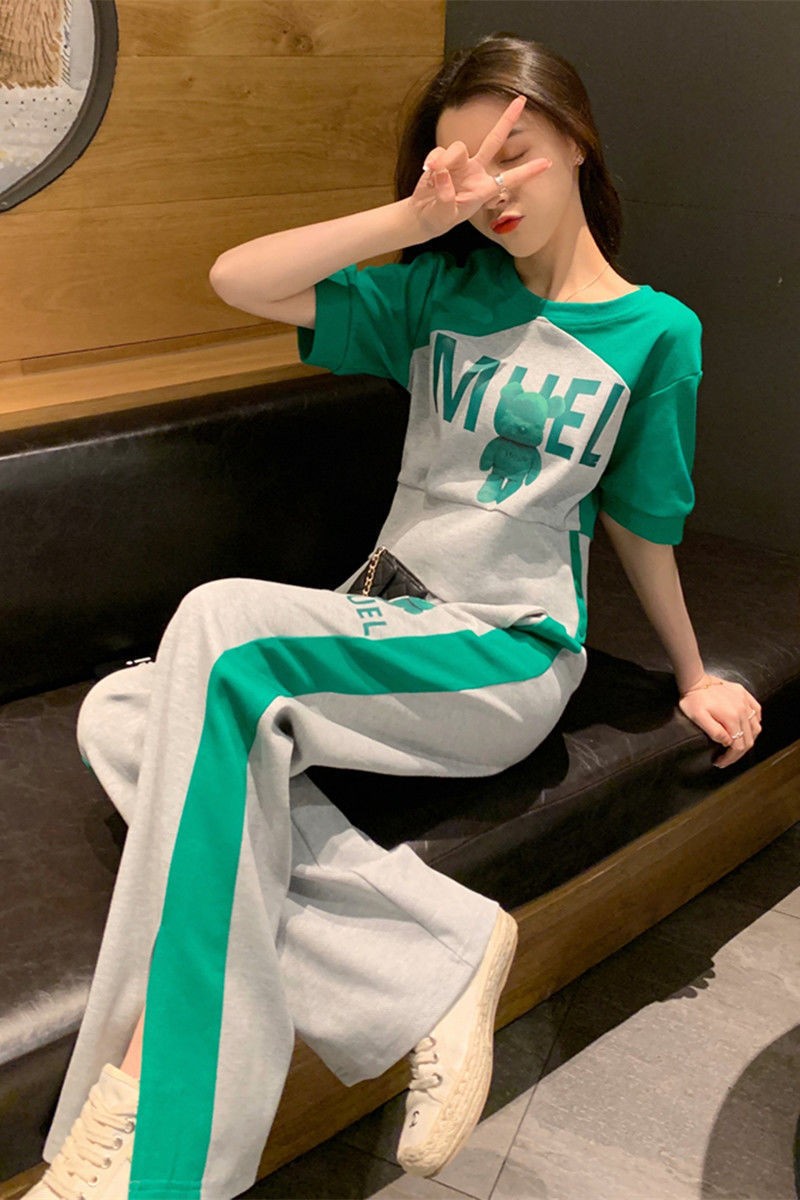 New summer casual sports suit for women's short-sleeved T-shirt top + slit wide-leg pants fashionable two-piece set