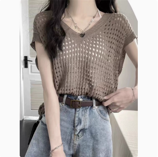 Thin v-neck hollow sweater women's outfit summer design niche sunscreen blouse chic unique top