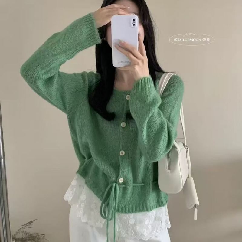 韓系甜美減齡蕾絲花邊收腰系帶毛衣女2025春寬鬆顯瘦百搭圓領上衣