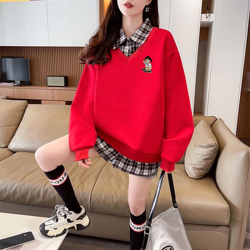 Real shot of 2025 spring and autumn back collar twill, thin top POLO collar plaid sweatshirt for women