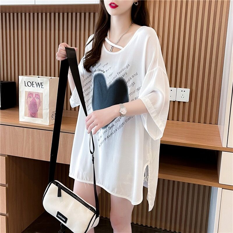 Quality/Huandingfurnace pure cotton/Medium-length hem slit heavy industry loose short-sleeved T-shirt for women