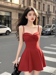 Red low-neck suspender pleated dress for women in spring waist-hugging to make them look slim and slim and pure short skirt
