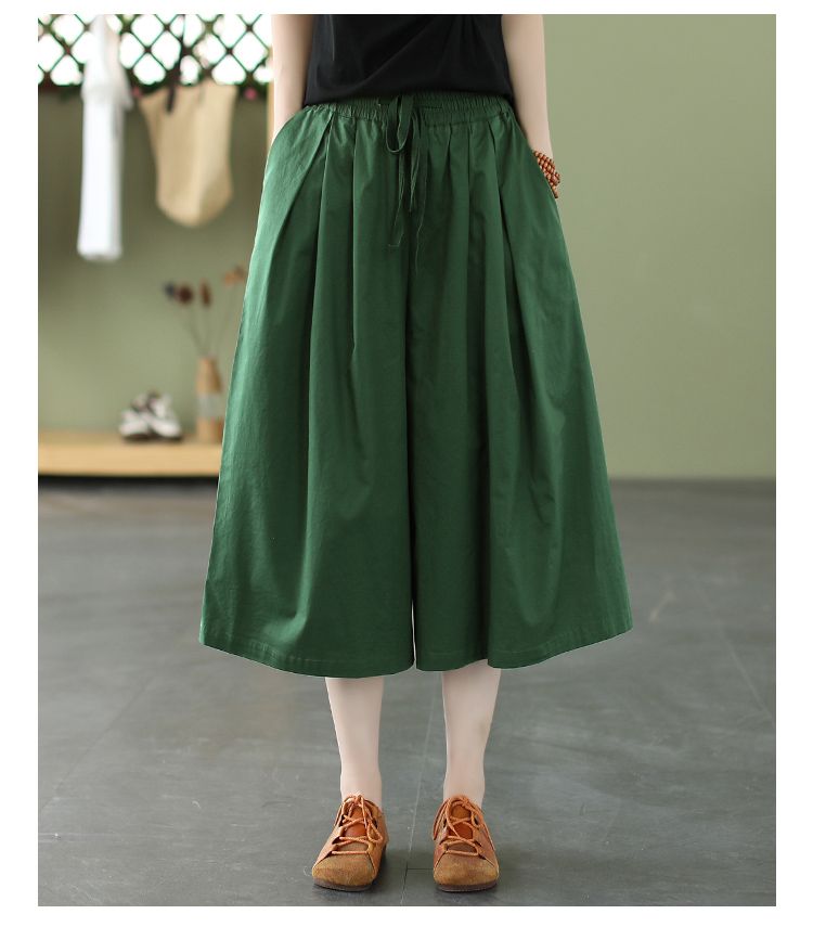 Nylon wide-leg 7-cropped pants summer loose solid color thin big feet skirt pants casual summer retro literary elastic waist