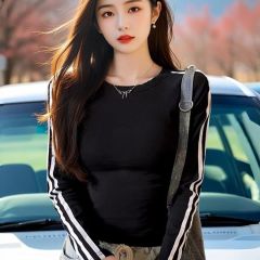 European retro striped long-sleeved top for autumn new round neck T-shirt for women