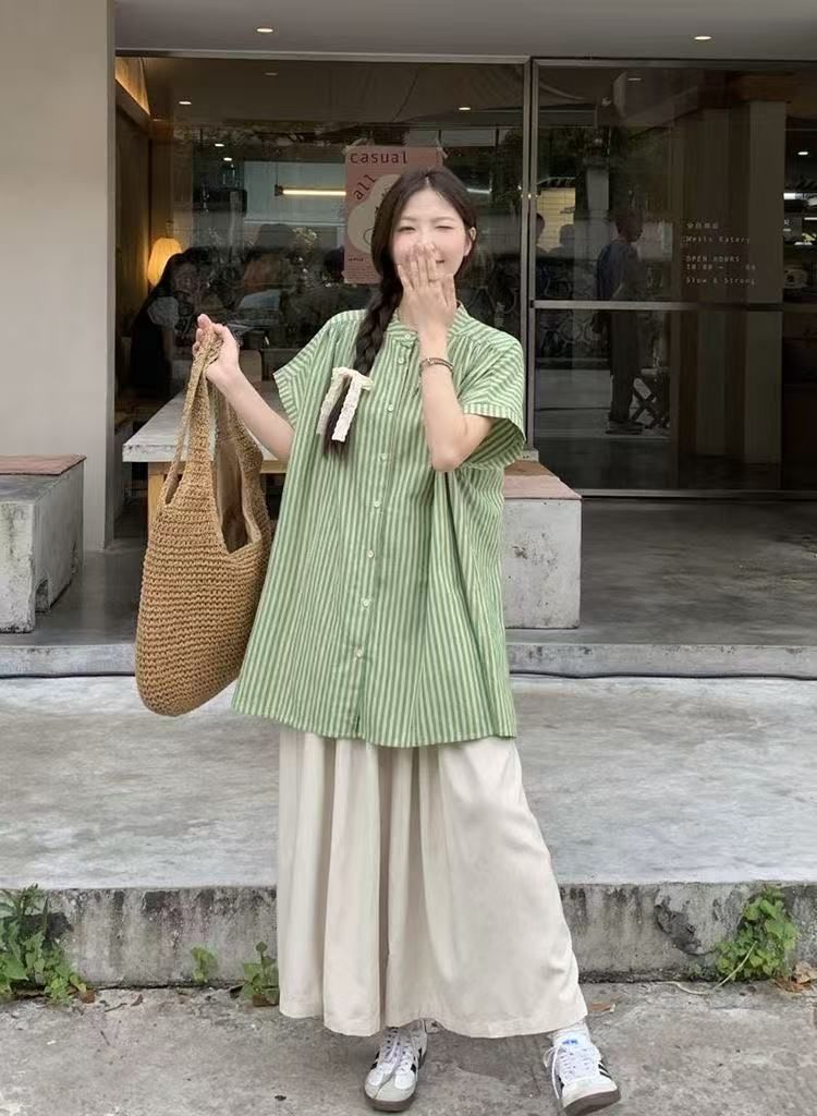 New retro temperament suit mid-length striped shirt for women summer loose casual pants trousers two-piece set