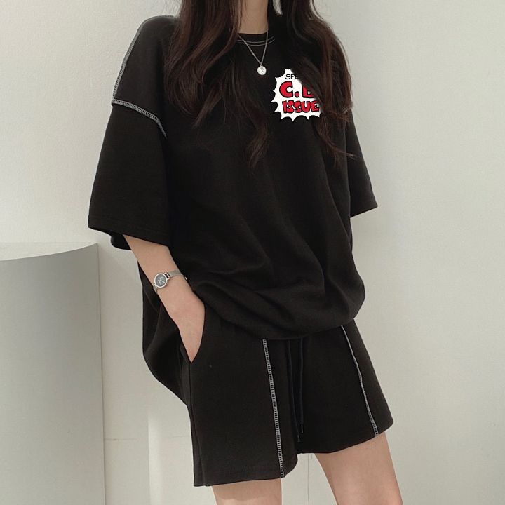 Student Summer New Loose Korean Style Half-Sleeve T-Shirt Trend Short-Sleeve T-Shirt Women's Middle-Long Print Two-Piece Set