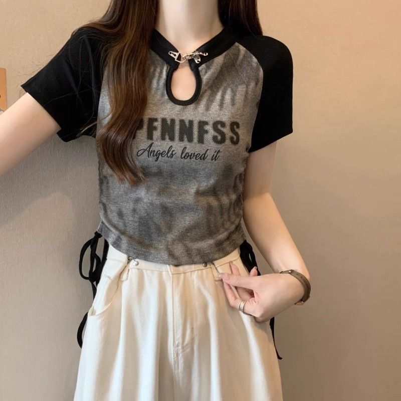 夏季包領美式撞色設計感復古修身顯瘦抽繩短袖T恤辣妹上衣女