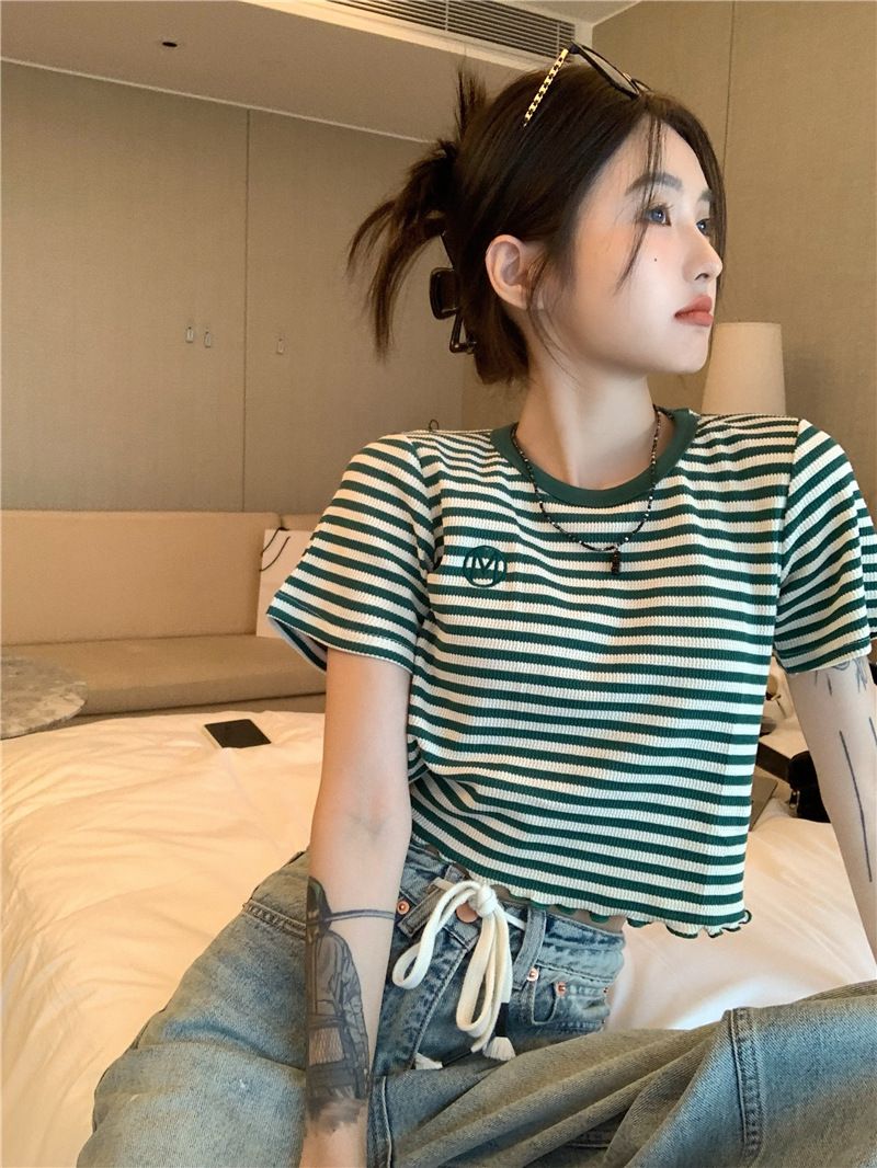 條紋短袖t恤女夏季韓版修身短款上衣
