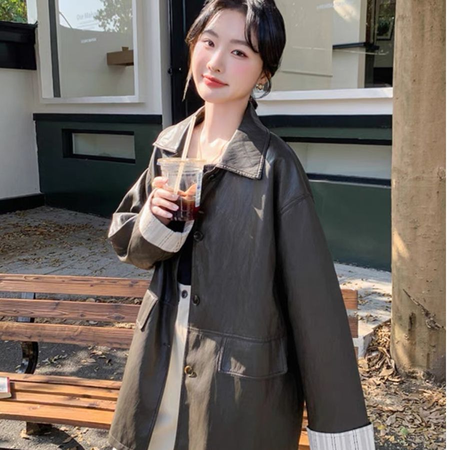 Early Spring New American Retro Distressed Leather Women's Medium Length Overcoat 2025 Motorbike Style PU Leather Jacket