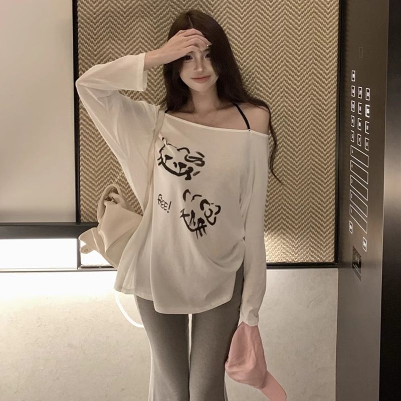 原版做法 一字肩印花長袖T恤女春季寬鬆防曬罩衫