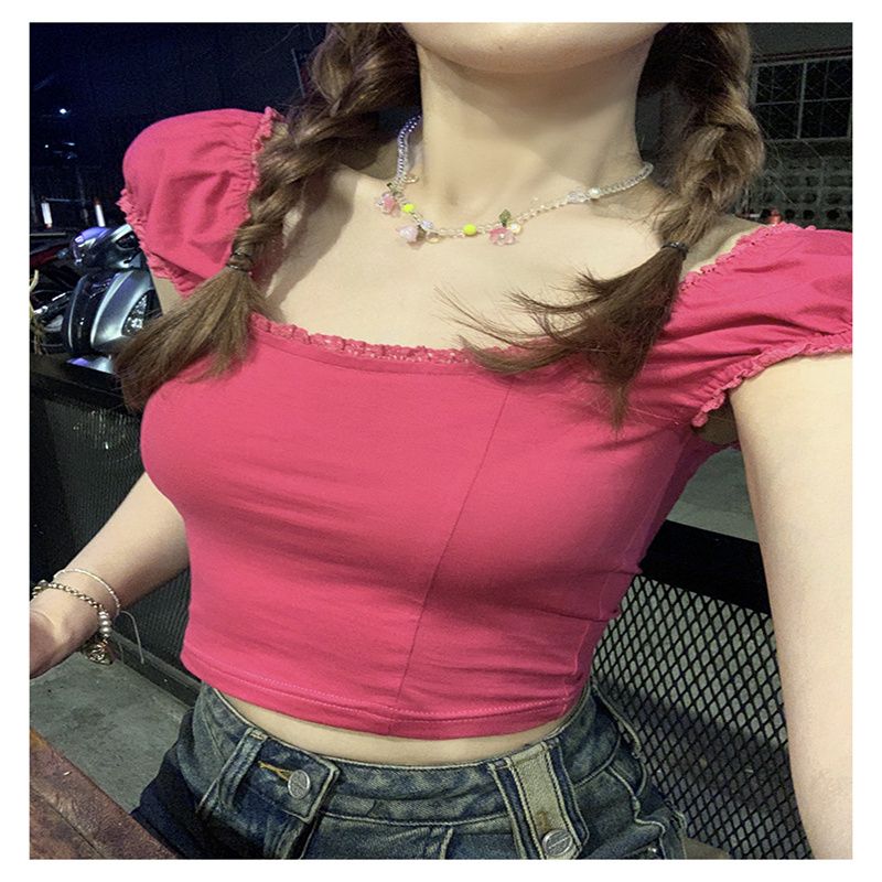 玫紅色蕾絲花邊方領短袖T恤女夏季甜美溫柔風修身露臍短款bm上衣