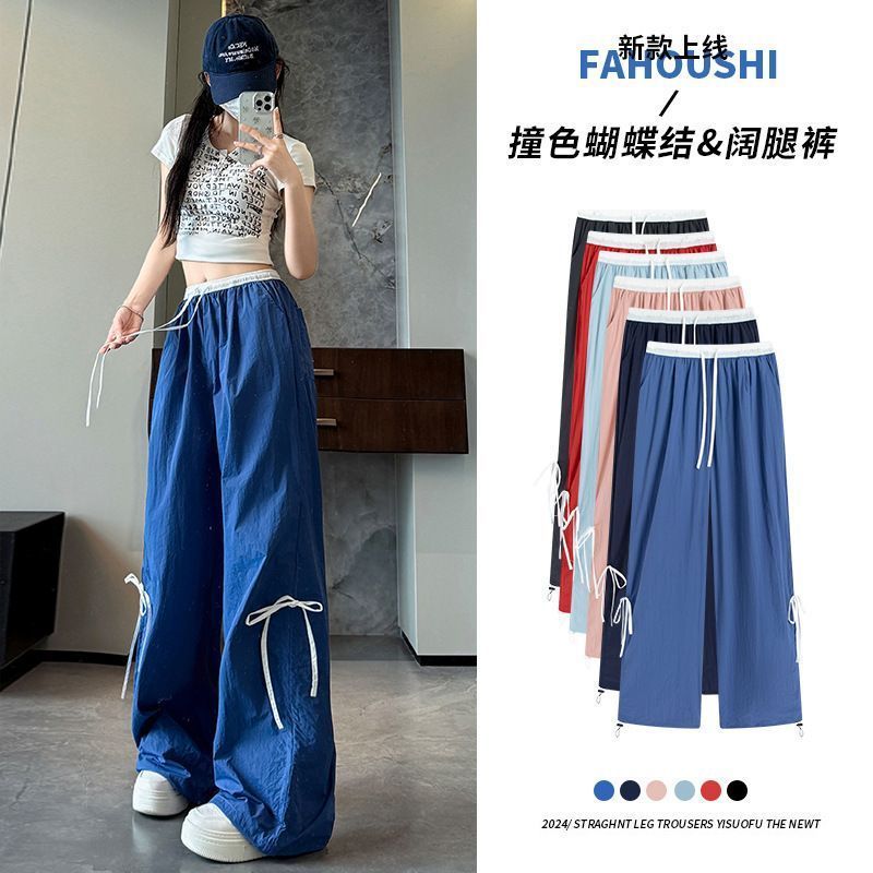 蝴蝶結工裝褲女褲夏季女新款韓版垂感寬鬆運動褲高腰休閒闊腿褲