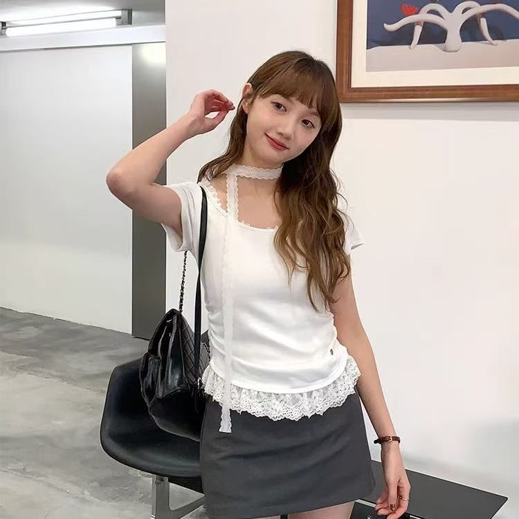 40支純棉甜美風蕾絲花邊短袖T恤顯瘦內搭上衣