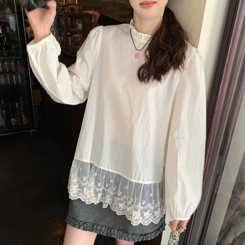 Korean sweet versatile collar layered lace top 2025 spring new spliced ​​long-sleeved shirt