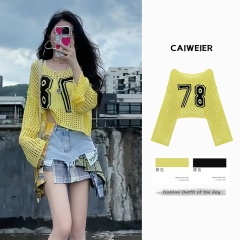 Bella style retro knitted styling for women early autumn new hollow online street hip-hop hottie loose top for women