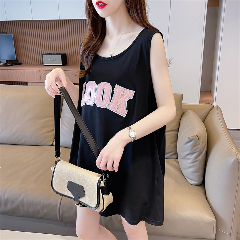 Real-life quality/pure cotton/medium-length leather embroidered loose sleeveless vest T-shirt for women
