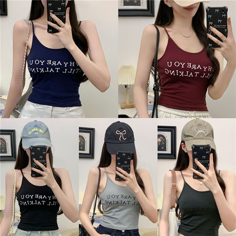 美式辣妹外穿字母印花小吊帶女夏季新款帶胸墊收腰顯瘦露臍短背心
