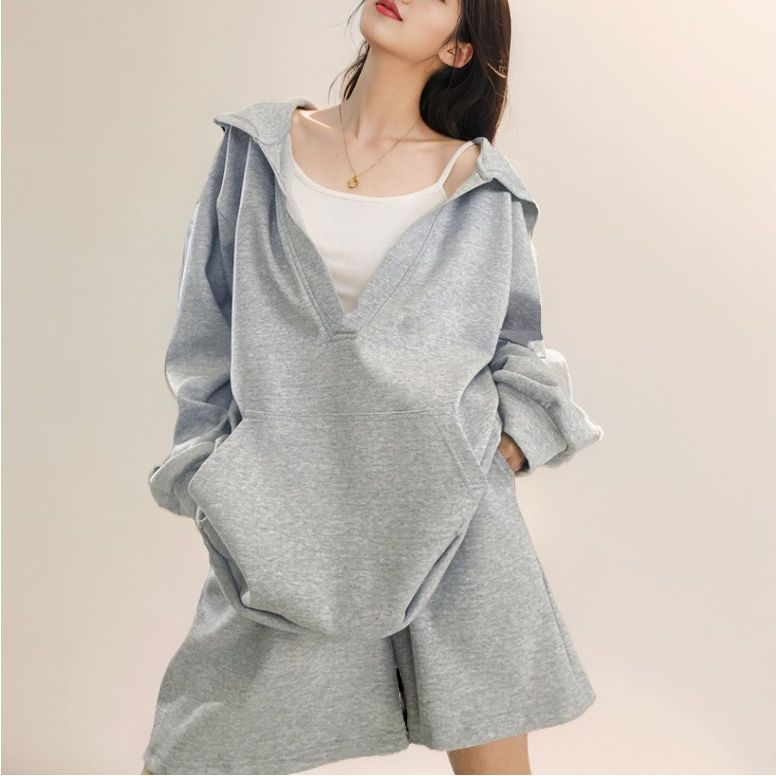 300 grams of Hua Cotton Combination 2025 new fashion big V-neck casual versatile Korean loose hooded sweatshirt for women