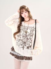 2025新款美式辣妹斜肩印花罩衫T恤女春破洞弛感慵懶露肩長袖上衣