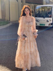 法式印花雪紡連衣裙女2025春秋新款溫柔氣質顯瘦絕美仙女長裙