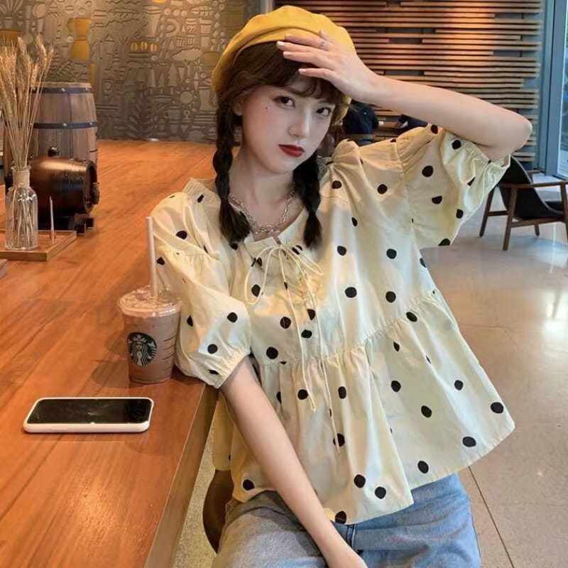 Short-sleeved shirt chiffon polka dot new Korean version puff sleeve lace-up shirt women's summer loose and slim