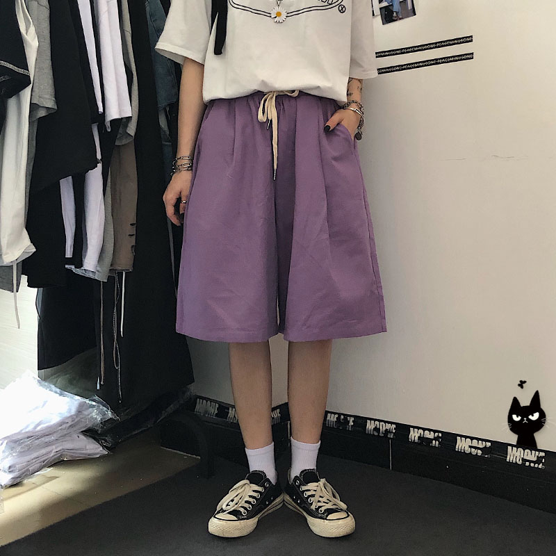 Purple shorts for women 2025 new summer loose over-knee Hong Kong flavor pure cotton over-knee straight wide-leg mid-leg pants five-point pants