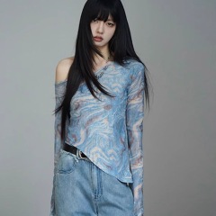 Official Image Vintage American Style Hot Girl Long Sleeve T-Shirt for Women Spring and Summer Fitted Shoulder-Strap Off-the-Shoulder Net Dress Top