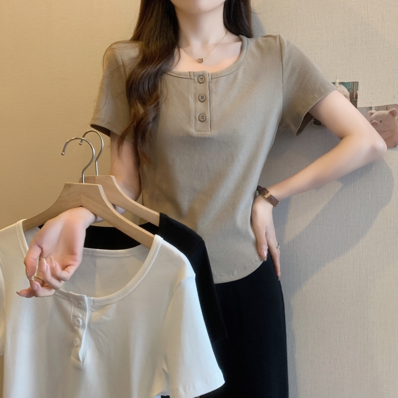 實拍  40支純棉210克92棉/8氨綸短袖T恤女3粒紐