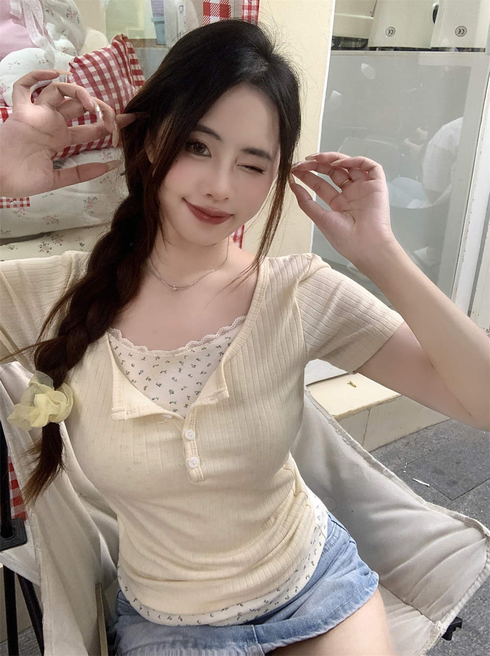 Real shot of summer lace floral fake two-piece short-sleeved women