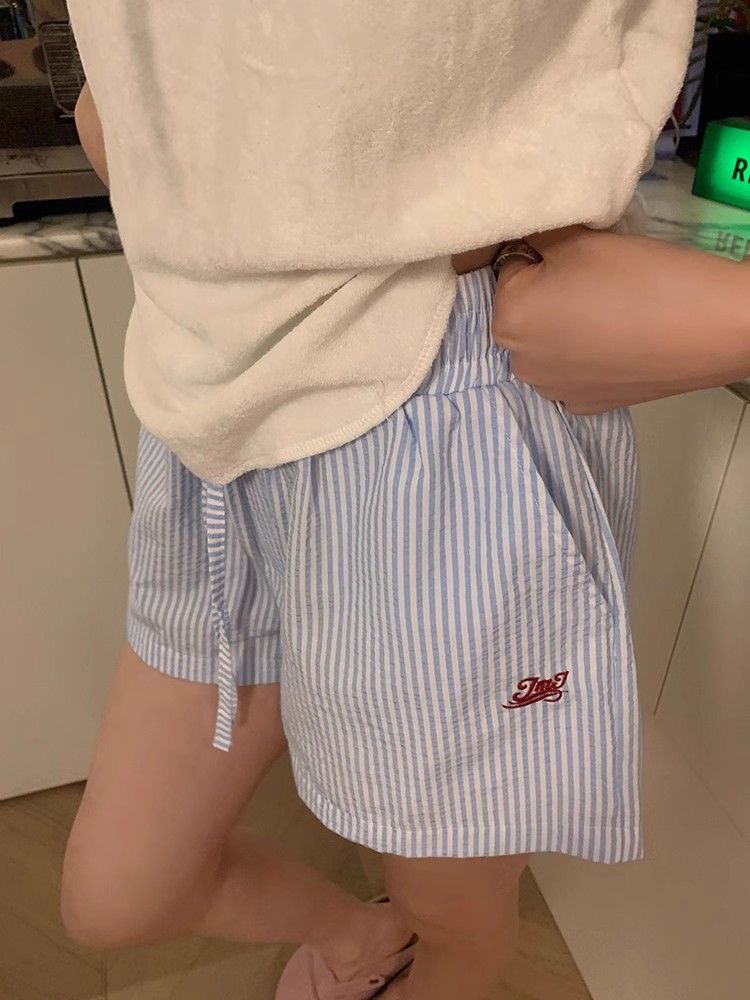 Original quality vertical striped drawstring letter embroidered wide-leg shorts loose summer hot pants casual three-quarter pants