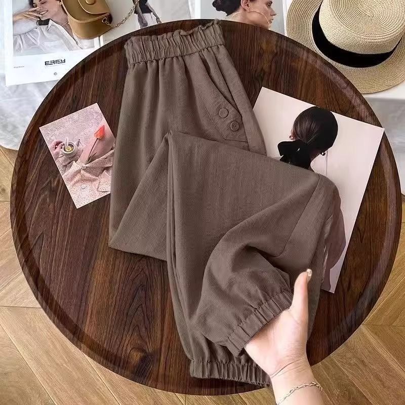 Design-style summer new high-waisted elastic waist straight-leg carrot-shaped ankle-tie pants ice silk cool harem cropped pants women's clothing