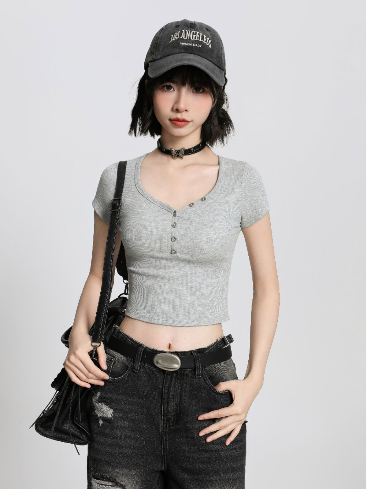Gray large neckline U-neck front shoulder short sleeve T-shirt for women in summer slim tight high waist navel exposed short sweet and spicy top