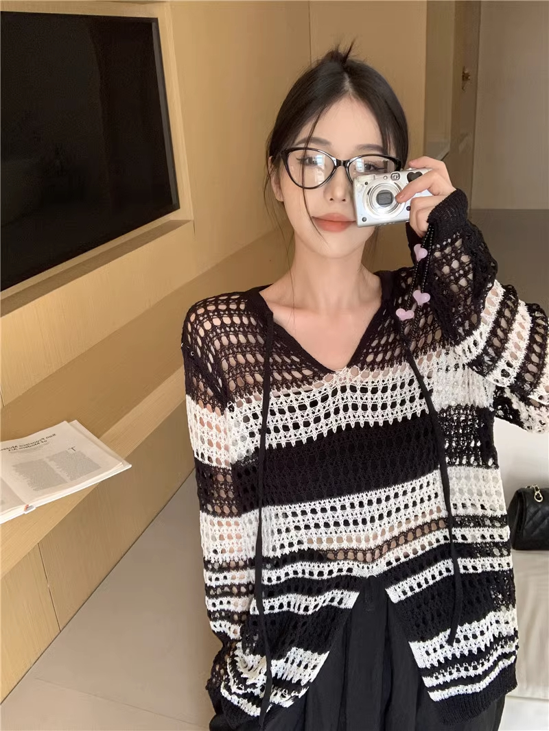 Sunscreen blouse design sense hollow black and white striped long-sleeved sweater for women in summer loose and slim hot girl top
